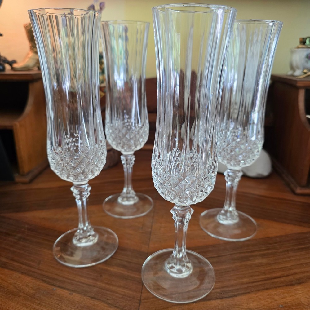 CRISTAL D'ARQUES Longchamp Crystal Champagne Flutes Set 4 French Stemware